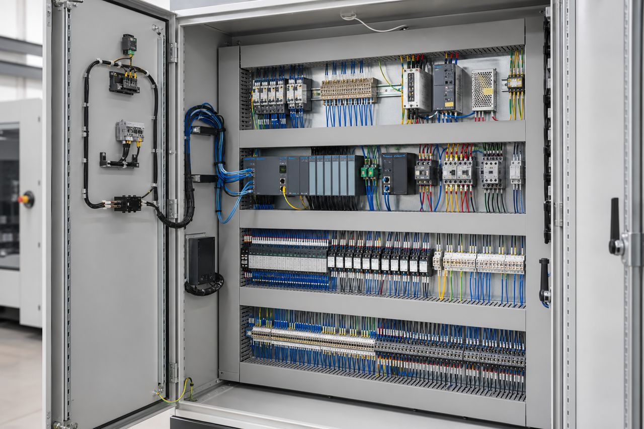 Endüstriyel elektrik kontrol panosu iç kablaj ve PLC yerleşimi