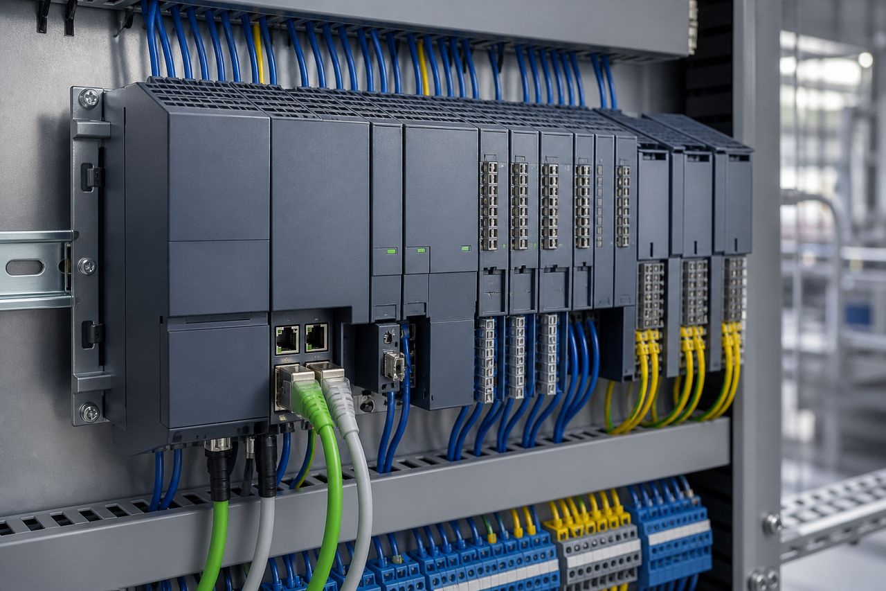 Endüstriyel PLC CPU ve I/O modülleri yakın çekim