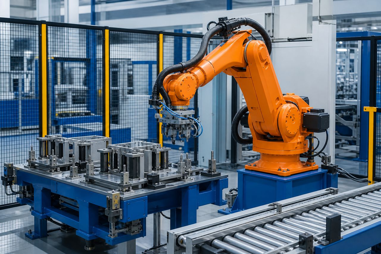 Altı eksenli endüstriyel robot otomasyon hücresi