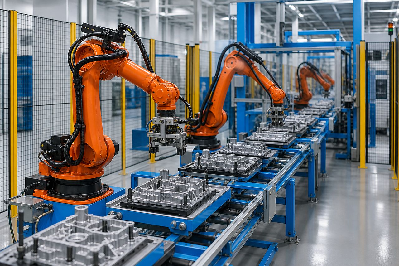 Robot entegreli seri üretim hattı genel görünüm
