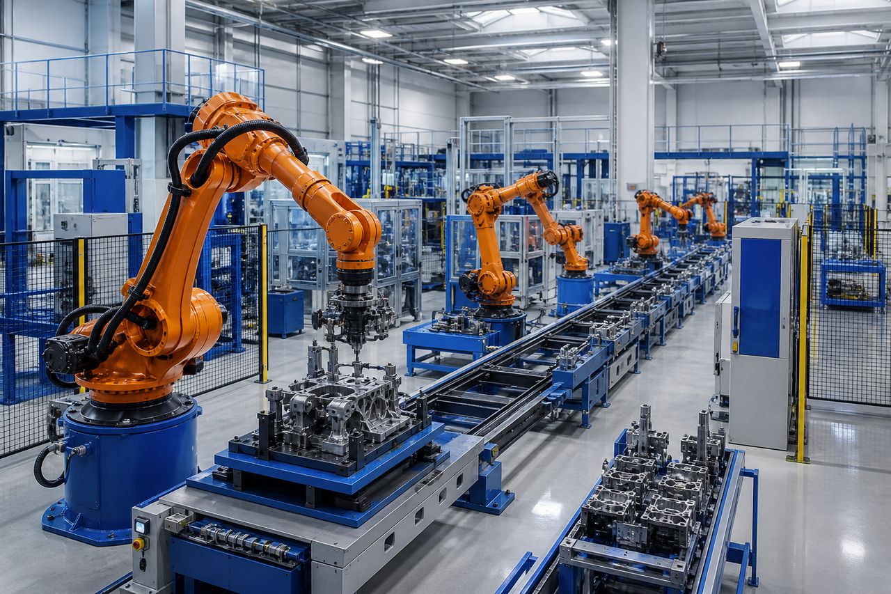 Çoklu robot istasyonlu otomasyon üretim hattı genel görünümü